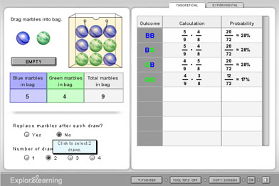 This is a picture of dependent events, where marbles are not replaced after a selection.