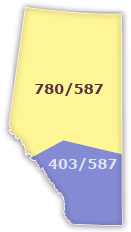 This is an image of the province of Alberta showing the different area codes.