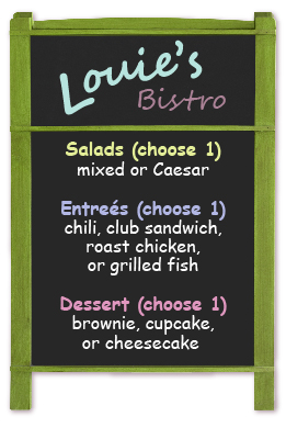 This is an image of Louie’s Bistro menu. It lists the choices of salads, entrees, and desserts that customers can choose.