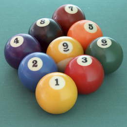 The photo shows a typical setup for the game nine-ball.