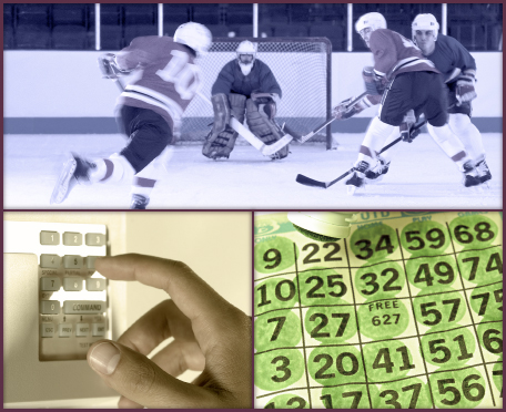This collage shows three photos. The top image is a photo of four hockey players. Bottom, right shows a bingo card and dobber. Bottom, left shows an alarm key pad.