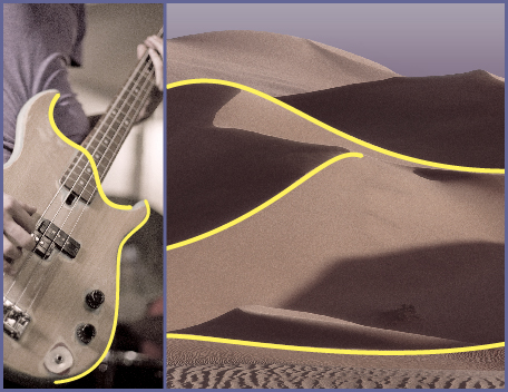 This collage shows two images. Left, this shows a man playing a guitar. Right, this is an image of sand dunes.