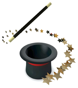 This photo shows a magician’s top hat and wand. Stars from the wand encircle the top hat.