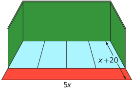 This shows an illustration of a jai alai court with length 5x and width x + 20.