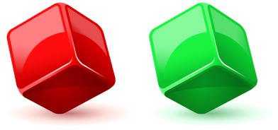 This image shows a red die and a green die.