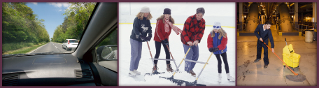 This collage shows three photos. Left, this photo shows a car overtaking another car. Centre, this shows a family shovelling snow on an ice rink. Right, this photo shows a worker mopping a floor.