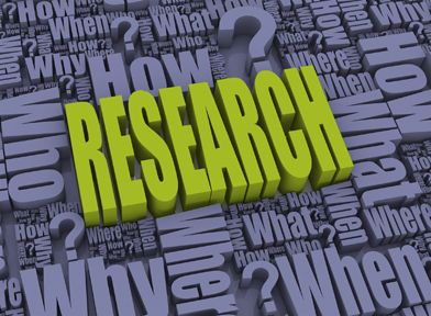 This image shows the word research surrounded by the five Ws (who, what, where, when, why).