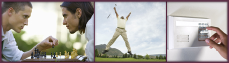 This photo collage shows three photos. Left, this is a photo of two men playing chess. Middle, this is a photo of a man celebrating on the golf course. Right, this is a picture of an alarm key pad.