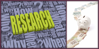 This collage shows two images. Left, this image shows the word research surrounded by the five Ws (who, what, where, when, and why). Right, this photo shows a piggy bank standing on a trail of bills of various denominations.