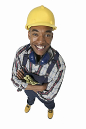 This is a photo of a man wearing various personal protective equipment.