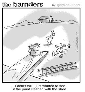 This cartoon shows a man who has fallen off a ladder while painting. He is explaining that he did not fall; rather, he was checking to see if the paint clashed with the building.