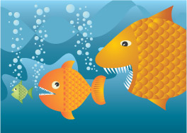 This graphic shows a cartoon version of an aquatic food chain. A large fish with big teeth chases a medium-sized fish which, in turn, appears ready to eat a small fish.