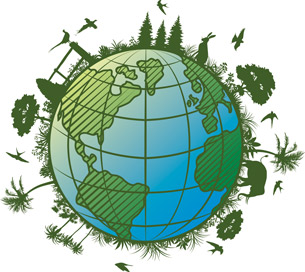 This image shows a globe of Earth with plants and animals circling its surface.
