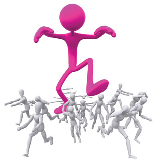 An image is shown of a giant stick man stomping on smaller figurines. The fast ones are getting away.