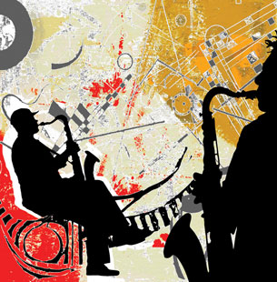 An art composition of silhouettes of jazz saxophone players is displayed on an abstract background.