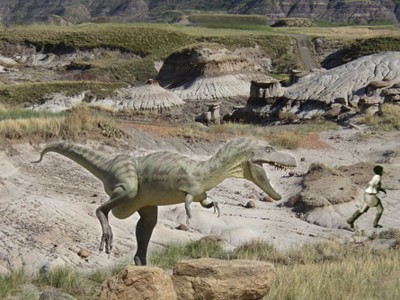 A graphic representation shows a large dinosaur chasing a human across a dry creek bed. This would never have happened because dinosaurs and humans did not inhabit Earth at the same time.