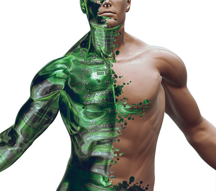 This photo is of a man’s torso. The torso appears to be half- machine, half human.