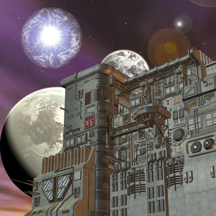 A futuristic drawing of a large space station includes planets in the background.