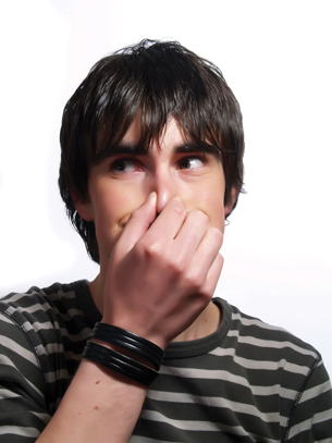 The teenage boy in this photo is holding his nose to hold his breath.