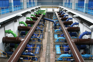 This photo is of the interior of a modern water treatment plant.