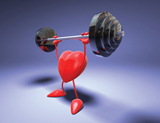This illustration shows a heart shape lifting weights.