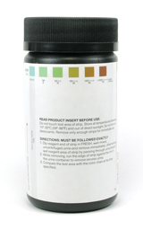 This photo is of a bottle of glucose test strips.  The label shows a colour gradient from light blue to dark brown. Intermediate colours are greens and browns. Blue indicates no sugar, while dark brown indicates high glucose levels.  Intermediate colours indicate the presence of glucose in varying concentrations.