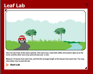 An image of the opening screen of a simulation is shown. The simulation is titled “Leaf lab.” Within the image, a car, road, grassy field, trees, shrubs, and a stream are shown. Instructions are written below the diagram.