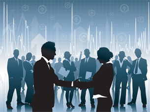 This illustration shows two people, a man and a woman, shaking hands.