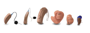A photograph shows six different types of hearing aids.