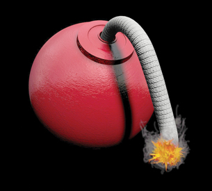 A diagram shows a spherical bomb casing with a lit fuse.