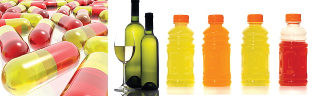 A photograph of a medicine capsules. A photograph of a half-filled wine glass with two bottles of wine in the background. A photograph of four bottles of sports electrolyte replacement drink. 