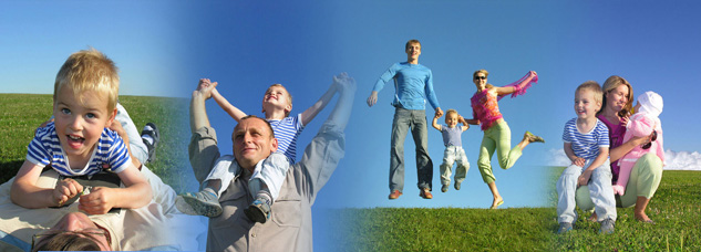 This photograph shows four images of parents with children. In the first image, a young boy (about 4 years old) is laying on an adult’s chest in a grassy location. In the second image, the same child is riding on the shoulders of an adult male. The third image in the group shows a young boy holding hands with an adult male and adult female and jumping into the air. The fourth image shows a young boy sitting on the knee of an adult female, who is also holding a baby, which is presumably a girl because it is dressed in pink.