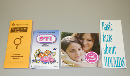 A picture of information available in pamphlets about sexual health, STIs, and HIV.