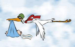 This image is cartoon image stock flying with a baby boy slung from its large bill.