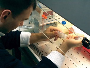  A photograph shows a scientist injecting solution into a test tube behind a protective shield.