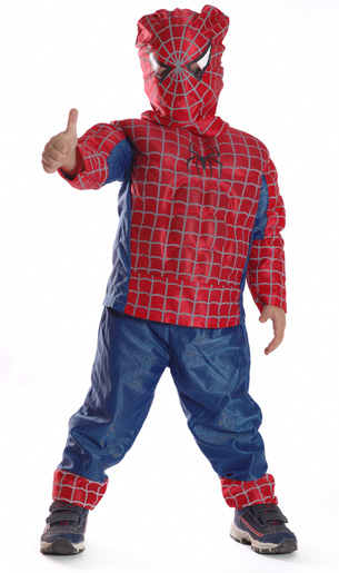 The photo shows a little boy dressed as Spiderman.