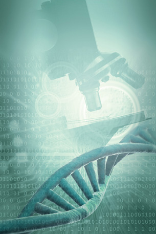 The photo shows a microscope and the double helix of DNA.