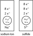 A drawing contains two rectangles. Both rectangles are positioned so that their longer sides run vertically. In the lower third of the each rectangle is a circle. Below each of the circles is a label. The upper two-thirds of each rectangle is empty. The first rectangle has the label sodium ion. The second rectangle has the label sulfide. 