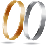Two plain circular jewellery rings are shown. One ring is gold in colour and the other ring is grey.