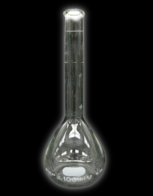 A photograph of a volumetric flask. The bottom of the flask has a bulb shape and the flask has a long neck with a white graduation line along its length.