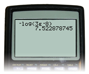 A photograph shows the display for  a calculator. The first line reads negative sign log bracket three E negative eight bracket. The second line reads seven decimal five two two eight seven eight seven four five.