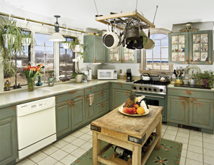 A photograph shows a stocked household kitchen