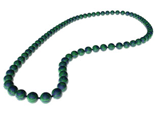 A necklace consisting of many blue-green coloured spheres of malachite.