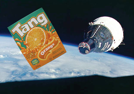 A photograph shows the orbiting Gemini spacecraft. To the left of the spacecraft is an image of a box that contains Tang crystals.