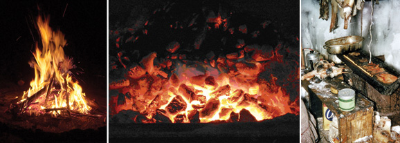 Three photographs are shown. The fist photograph shows a camp fire. The second photo shows many small lumps of burning coal. The third photo shows an Inuit oil stove, which is a rectangular, black, metal, box-like object containing a liquid oil. Flames appear along one edge of the stove due to a piece of moss resting on the edge. One end of the moss is in the oil, while the other end is on the edge of the stove. A grill sits on top of the flames.