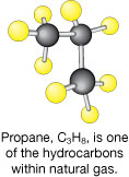 A representation of the propane molecule is shown. Three black spheres are connected by a single line. The black spheres each have connections to yellow spheres, also by single lines. The black sphere on the left is connected to three yellow spheres, the middle sphere is connected to two yellow spheres, and the black sphere on the right is connected to three yellow spheres.