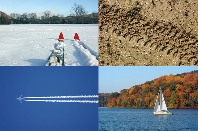 Four photographs are shows: one of skis, one of a tire track, one of a jet, and one of a sailboat.