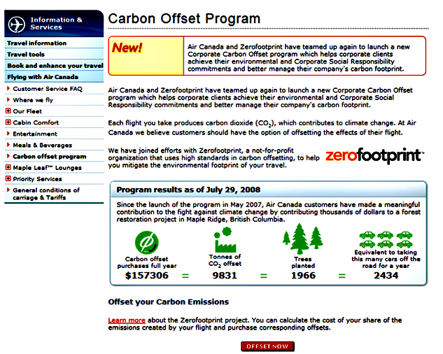 This is a screenshot of a webpage describing Air Canada's carbon offset program.