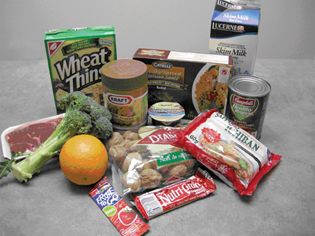 A photograph shows a variety of food items including beef, broccoli, an orange, a fruit stick, an energy bar, walnuts, dry noodle soup mix, canned soup, skim milk, pasta, a fruit cup, peanut butter, and crackers.