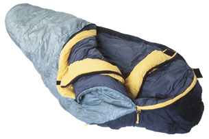 A photograph shows a sleeping bag. The bag has many layers to surround the occupant. A thin, innermost layer is shown in addition to two thicker, outer layers. 